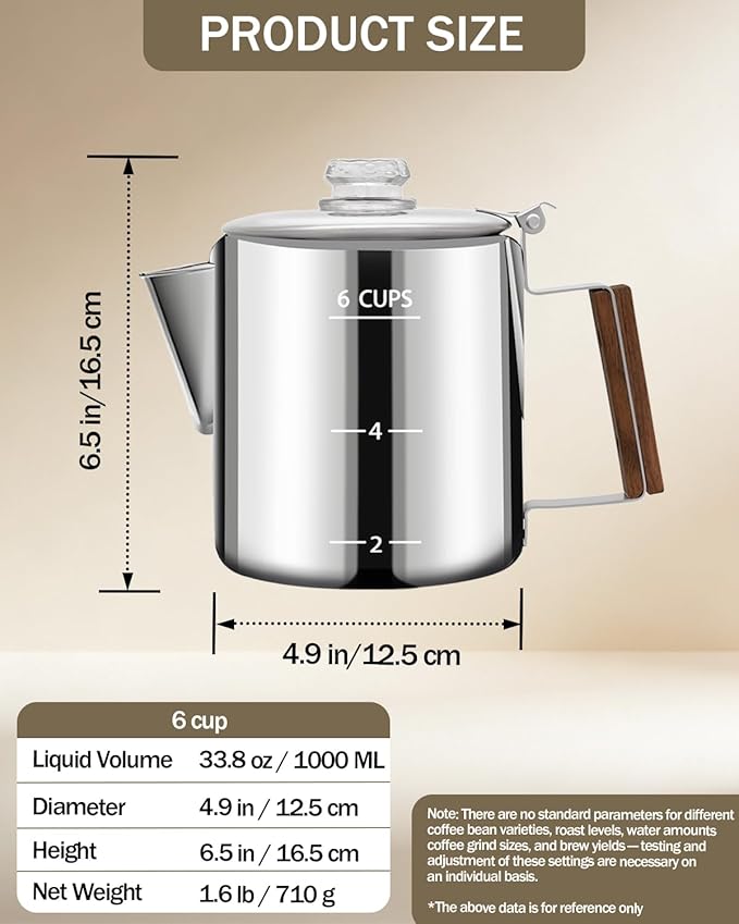 Coffee Maker Coffee Percolator 304 Stainless Steel Pot Stovetop Easy Brewing Even Heating 6 Cup 33.8oz 1000ml Silver Classic Design Heat Resistant Home Camping Outdoor