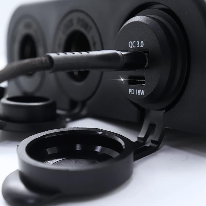 12-24 V 3 Hole Tent Type Car Modification Sockets Dual Female Power Outlet Adapter QC3.0 USB PD 18W Type-C Car Quick Charge Interface Outlet for Car Marine Boat