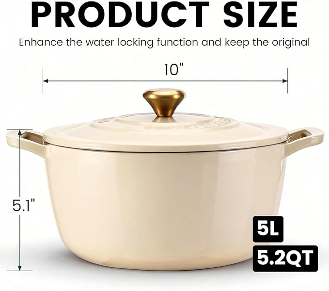 Enameled Cast Iron Dutch Oven with Lid – 5QT Heavy-Duty Pot, Oven Safe up to 500°F, Dual Handles, Ideal for Sourdough Bread Baking, Stews, Roasting, Braising – All Cooktops, Durable & Versatile Cookware (Ivory)