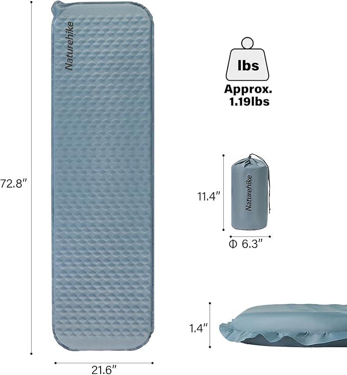 Naturehike Self-Inflating Sleeping Mat Lightweight Comfortable Asleep Pad 1.4" Sponge Filling Ergonomic for Hiking Picnicking Outdoor Activities & Family Camping Portable Foldable (Blue-Rectangle)
