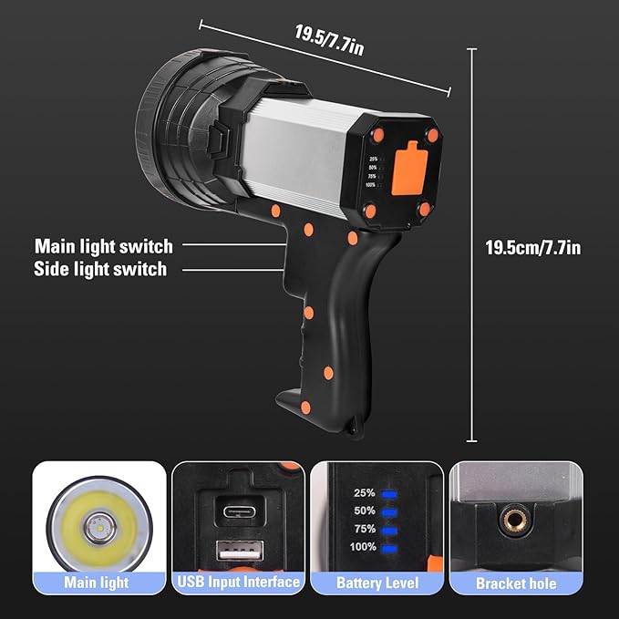 ERAY Rechargeable Spotlight, Super Bright High Lumen Handheld Long Lasting Large Flashlight Searchlight, IPX4 Waterproof Led Spot Light with USB Outport for Hunting Boating Camping Emergency