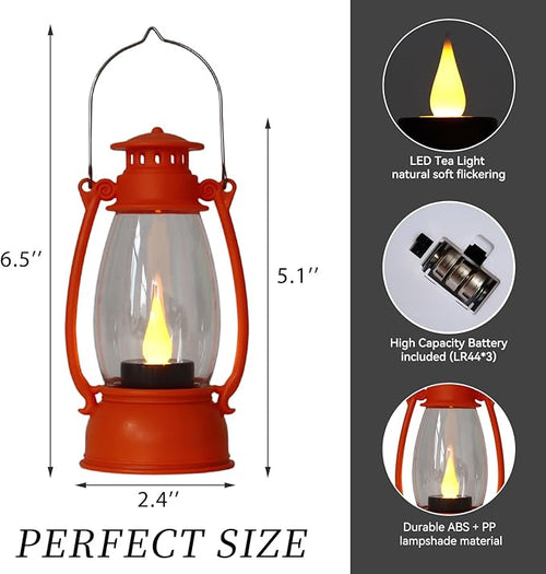 6Pcs Orange Mini Lanterns for Western Cowboy Party & Camping Decor, Small Western Lantern with LED Flickering Candle for Fall Halloween Christmas Wedding Festive Decorations, Centerpiece Table