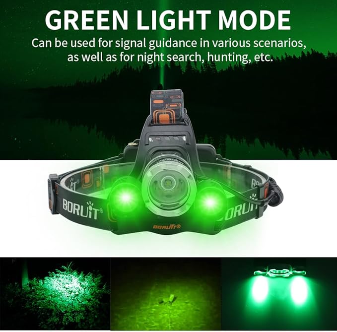 BORUIT RJ-3000 Headlamp with Green Light, Super Bright LED Head Lamp 3 Modes, USB C Rechargeable, Waterproof Head Light for Hunting, Construction, Hard Hat, Fishing, Camping