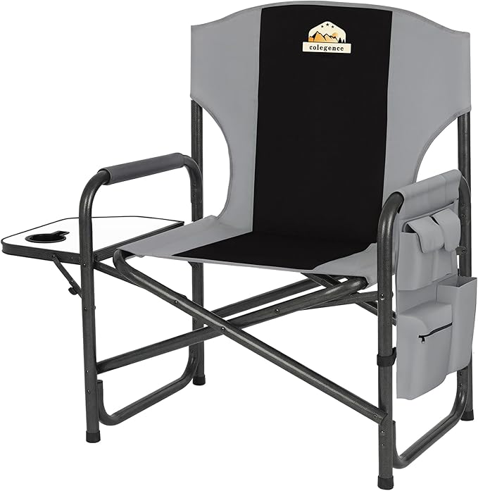 Oversized Directors Camping Chair Support 600 LBS, Heavy Duty Folding Outdoor Chairs with Detachable Side Pocket and Adjustable Side Table for Outside Beach,Lawn,Fishing (Black)