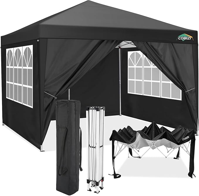 COBIZI 10x10 Pop up Canopy Tent Protable Canopy Tent with 4 Sidewalls Waterproof Commercial Instant Shelter for Parties, Wedding, Courtyard with Carry Bag(10x10FT with 4 Sides, Black)
