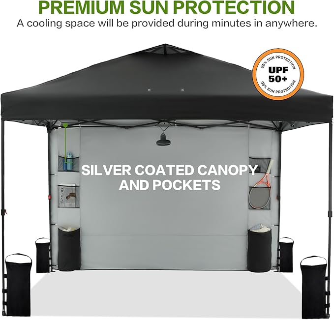12'x12' Pop Up Canopy Tent with 1 Sidewall and 6 Pockets, One Push Setup, Instant Shade Tent with Vented Roof for Beach Patio Outdoor, Case, 8 Stakes, 4 Ropes, 4 Sandbags (Black, 12x12)
