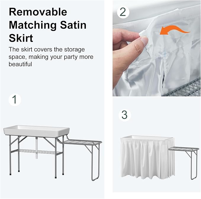 Ice Cooler Table with Foldable Extension Stand, 4 Foot Outdoor Ice Table with Matching Skirt & Drain Hose, Folding Cooler Tables with Metal Shelf for Party, BBQ, Camping Picnic, White