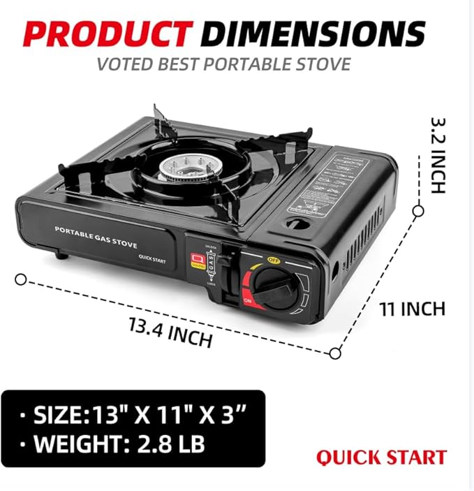 Butane Stove, Portable Camping Stove with Carry Case & Push-Button Starter, Includes Precise Temperature Control & 7,650 BTUs of Power for Camping, Tailgating, & More