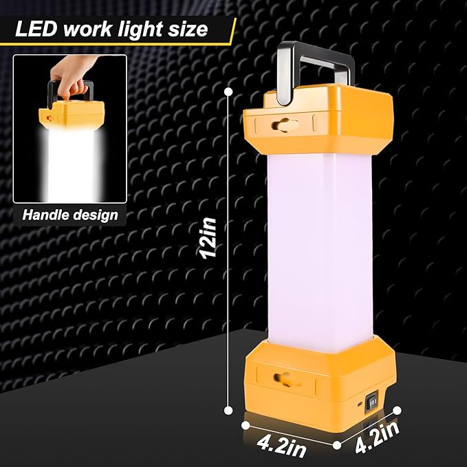 Cordless LED Work Light for Dewalt 20V Battery,Camping Lantern with Switch & Type C Output Port,Low Voltage Protection,20W 1300~2900LM,Potable for Workshop,Emergencies,Outdoor(No Battery)