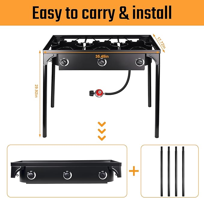 3 Burner Propane Gas Stove, 200,000 BTU Outdoor Camping Cooker with Removable Legs, 0-20 PSI Regulator & Hose, Heavy-Duty Cast Iron Stand for Backyard Cooking, BBQ, Frying & Boiling