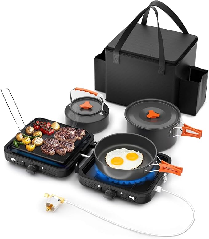Hisencn Camping Stove,2 Burner Propane Stove,20000 BTU/h Camping Cooking set Includes Frying Pan,Kettle and Pot,Adjustable Burners & Piezo Ignition,Portable stove for camping Outdoor,Black