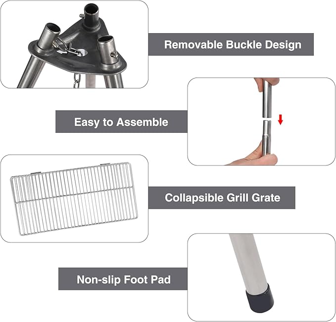 Lineslife Campfire Tripod Grill for Cooking, Durable Stainless Steel Camping Fire Tripod Grill with Grill Grate and Carrying Bag for Outdoor BBQ, Silver
