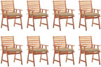 Patio Dining Chairs 8 pcs,Lawn Chair,Camping Chair,Garden Chair,Featuring Slatted Design,Waterproof Cushion,Each Cushion Features 2 Sets of Ropes, with Cushions Solid Acacia Wood