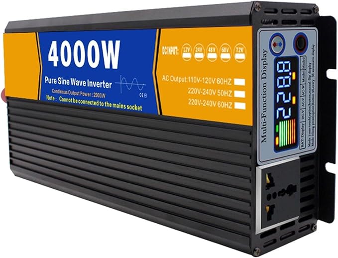 Pure Sine Wave Inverter 3000W 4000W 5000W Peak 12V 24V 48V 60V 72V DC to 110V 220V 230V 240V AC Power Solar Inverter Converter, for Off-Grid, RV, Truck, Boat, Camping, and Home(4000W,72Vto220V)