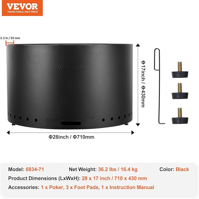 VEVOR Smokeless Fire Pit Stove Bonfire, H: 17 in x Dia: 28 in,Wood Burning Fireplaces with Removable Ash Pan, SUS430 Stainless Steel Inner Portable Outdoor Firepit,for Outdoor Patio Camping, Black