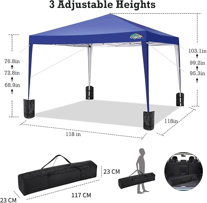 COBIZI 10x10 Pop Up Canopy Tent with 4 Sandbags, Easy Set Up Gazebo, Instant Outdoor Sun Shade &Waterproof Canopy with 8 Stakes,4 Ropes&Carry Bag, Tents for Parties, Beach, Backyard,Camping(Navy Blue