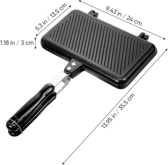 VOSAREA Sandwich Maker Grilled Sandwich Maker Pan Non-Stick Hot with Long Handle Double Sided Frying Pan Stovetop Toasted for Home Kitchen Breakfast Camping (Black)