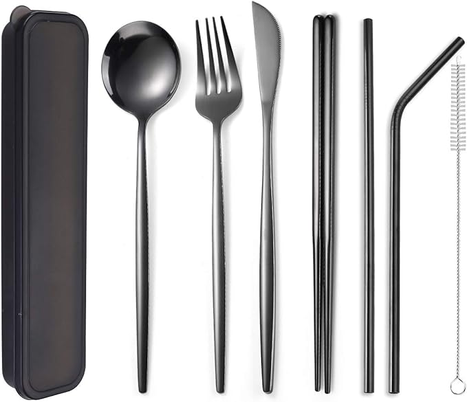 Flatware Silverware Set, Stainless Steel Portable Tableware Set Portuguese Chopsticks Straws Outdoor Camping Knife Fork Spoon, Tableware Cutlery Set(Black,4Set)