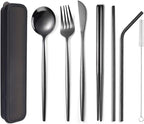 Flatware Silverware Set, Stainless Steel Portable Tableware Set Portuguese Chopsticks Straws Outdoor Camping Knife Fork Spoon, Tableware Cutlery Set(Black,6Set)