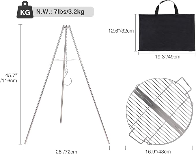 Lineslife Campfire Tripod Grill for Cooking, Durable Stainless Steel Camping Fire Tripod Grill with Round Grate and Carrying Bag for Outdoor BBQ, Silver