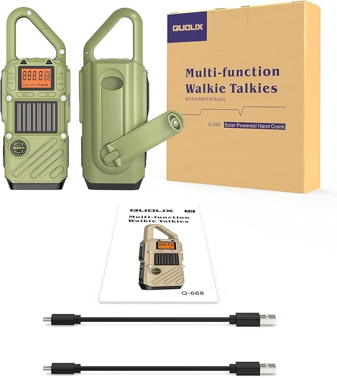 Rechargeable Adult Walkie Talkie with Emergency Solar Hand Crank Charging with FM/NOAA,Weather Alert,LED Flashlight-USB Charging and SOS Siren Long Range 2-Way Radio
