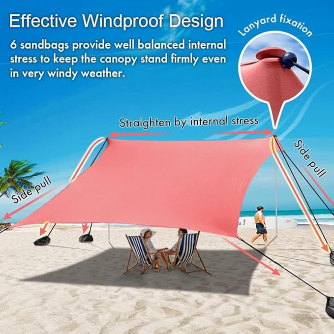 Beach Canopy Windproof Design, Sun Shelter UPF50+ Portable Family Tent with 6 Sandbags Anchors 10x10 FT 2 Pole Pop Up Outdoor Shelter for Beach, Camping, Fishing, Backyard