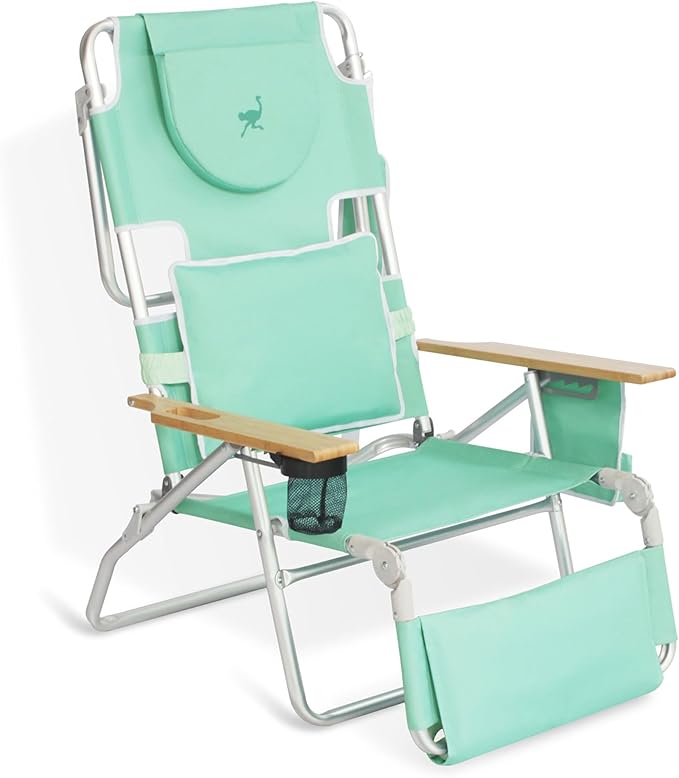 Ostrich Deluxe Padded 3-N-1 Lightweight Portable Adjustable Outdoor Folding Chair for Lawn Beach Lake Camping Lounge with Footrest, Teal (2 Pack)