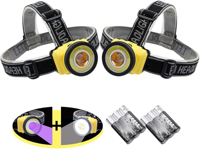 Headlamp 395nm Led UV Blacklight and White Light Spot Scorpions Emergency Headlight Pet Urine Stain Detection Cob Free Handheld Flashlight for Jogging Running Camping Fishing 2pcs