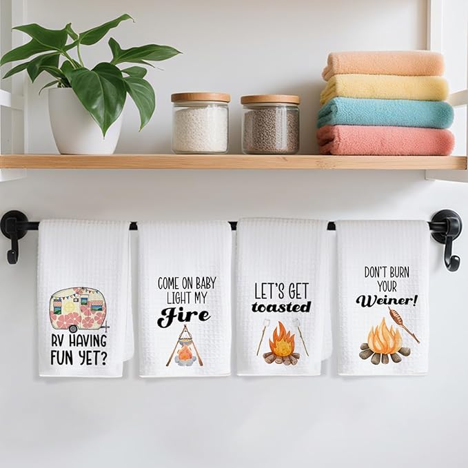 4Pcs Camper Kitchen Towel, Camping Gift, Camp Kitchen, RV Decor, Vintage Trailer Camper Decor, Motor Home Decoration Towels, Retirement Gift, Waffle Weave Hand Towels for Kitchen Camp