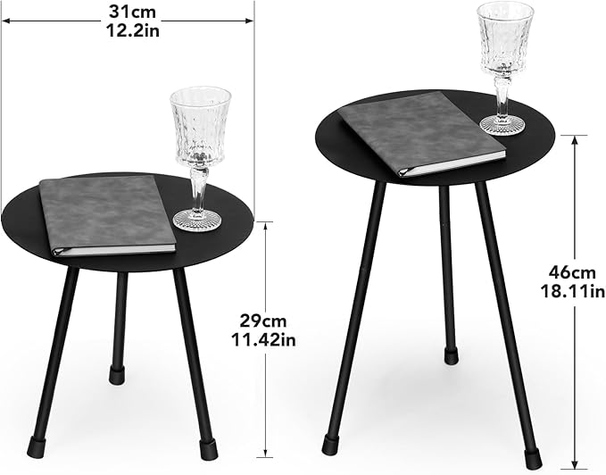 12.2" Small Round Outdoor Side Table - Adjustable Height (11.4" & 18.1") Sturdy Metal End Table, Anti-Rust Coated Iron Plant Stand, Portable Camp Table for Tent, Beach, Balcony, Black