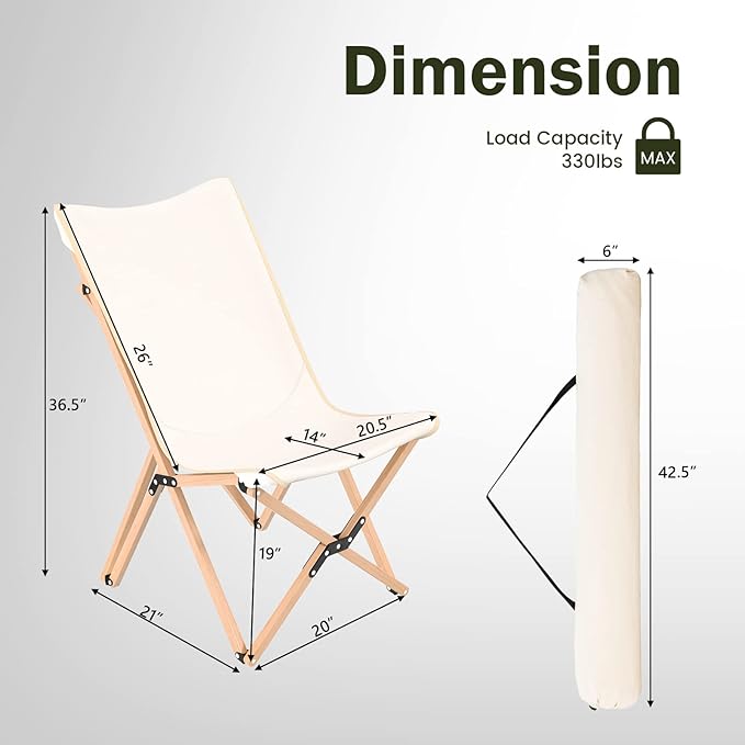 Giantex Camping Chairs 2 Pack, Folding Beach Chairs for 330lbs, Outdoor Butterfly Chair, Portable Lawn Chairs for Picnic Fishing Hiking Mountaineering, Lightweight Bamboo Frame No Assembly (Beige)