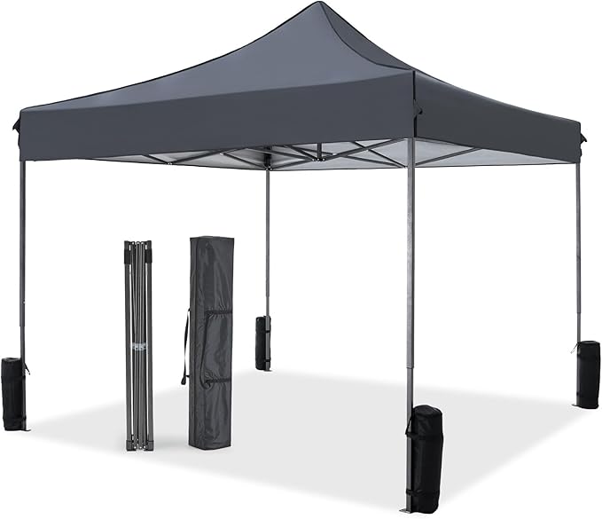 NEWBULIG 10x10 FT Pop Up Canopy Easy Up Tents for Camping Parties Events Beach Backyard Portable Outdoor Shelter Heavy Duty Instant Sun Shade with Sand Bags, Grey