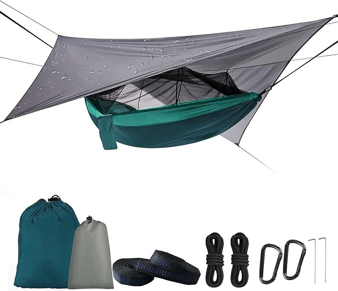 Camping Hammock with Mosquito Net & Rain Fly Tent Tarp & Tree Straps Portable Strong Nylon Hammock Parachute Tent w/Storage Bag for Camping Hiking Backyard Outdoor Backpacking Travel