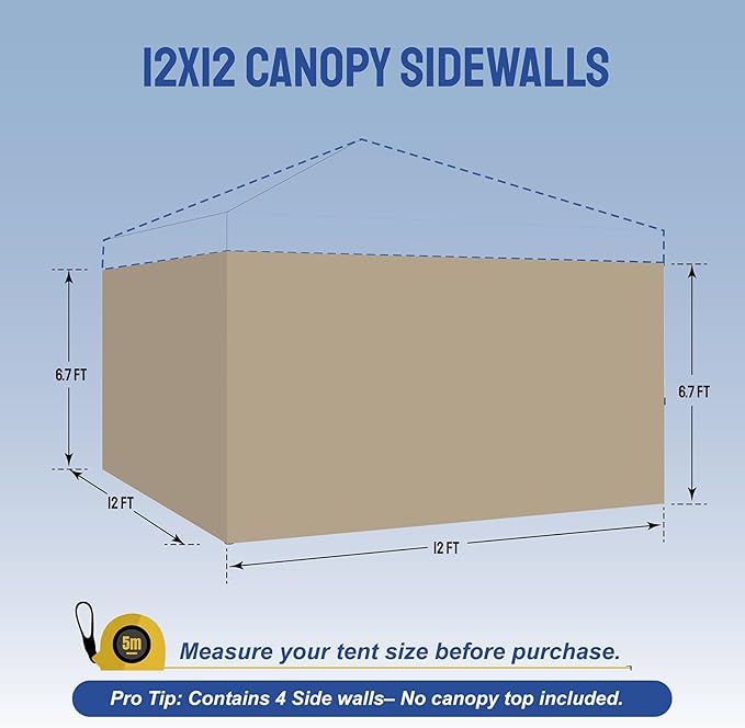 CROWN SHADES 12x12 Canopy Sidewalls (4pck) - Side Walls 12x12, Sidewalls for Canopy - Tent Accessories, Beige