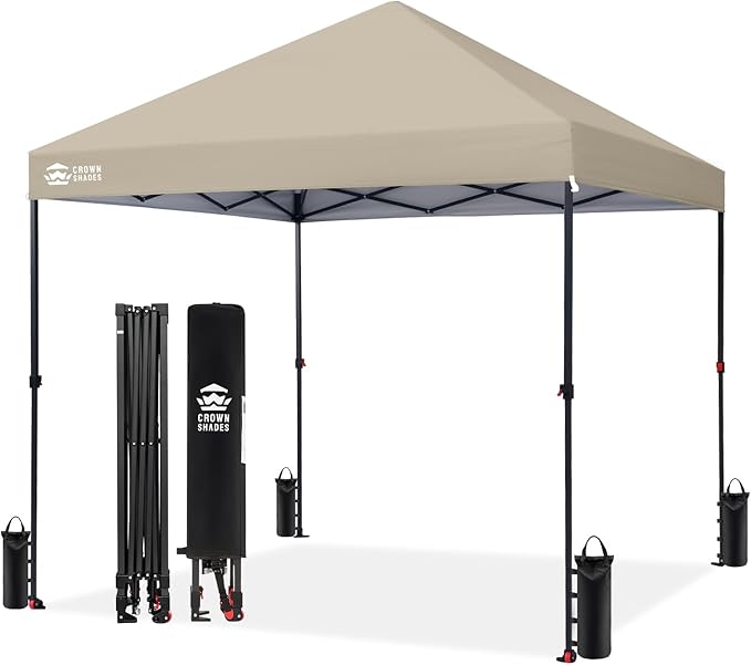 CROWN SHADES 8x8 Pop Up Canopy - Patented Center Lock One Push Instant Outdoor Canopy Beach Tent with STO-N-Go Bag 8 Stakes & 4 Sand Bags，Beige