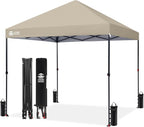 CROWN SHADES 8x8 Pop Up Canopy - Patented Center Lock One Push Instant Outdoor Canopy Beach Tent with STO-N-Go Bag 8 Stakes & 4 Sand Bags，Beige