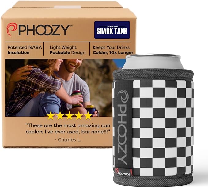 PHOOZY Insulated Can Cooler for 12oz Cans with NASA-Inspired Technology - Patented Koozie That Keeps Drinks Cold 10x Longer - Lightweight Beer Koozie for Outdoor Adventures - Checkered