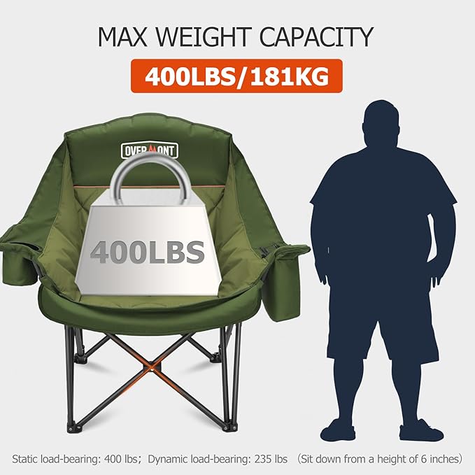 Overmont Oversized XL Camping Chair for Adults - 400lbs Support Heavy-Duty Padded Folding Chair with Side Pocket Cup Holder Cooling Bag for Outdoor Sports Garden Beach Fishing Lawn Green 2pcs