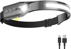 Rechargeable LED Headlamp (Gray), 400 Lumens, 230° Wide Beam, USB-C, 5 Modes — Lightweight, Adjustable Headband; Hard Hat Clips for Camping, Hiking, Running & Repairs