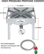 Stainless Steel Burner Propane Stove, 200,000BTU High Pressure Outdoor Propane Burner Cooker, 15.5"Heavy Duty Gas Burners for Outdoor Cooking For Turkey Fry, Seafood Boil, Homebrewing （SS1250）