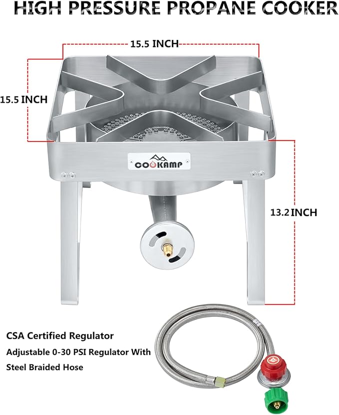 Stainless Steel Burner Propane Stove, 200,000BTU High Pressure Outdoor Propane Burner Cooker, 15.5"Heavy Duty Gas Burners for Outdoor Cooking For Turkey Fry, Seafood Boil, Homebrewing （SS1250）