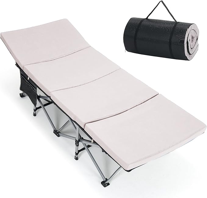 Slsy Camping Cot with 2" Memory Foam Mattress, Upgraded Padded Folding Cot Bed with Carry Bag, Portable Sleeping Cot for Camping, Travel, Beach & Hiking