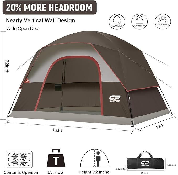 Tents for Camping 6 Person Tent Waterproof Windproof Double Layer Family Camping Tent, Easy Setup Dome Tent with Large Mesh Windows & Wider Door for Outdoor Camping & Hiking