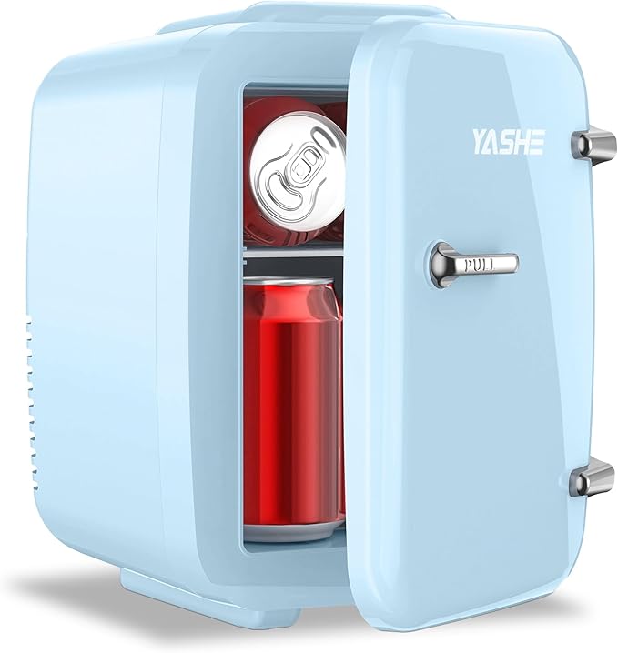 Mini Fridge, 4 Liter/6 Can Mini Makeup Fridge, 110V AC/ 12V DC Portable Thermoelectric Cooler&Warmer for Skincare, Drink, Cosmetic, Medicine, Small fridge for Bedroom, Office, Dorm, Car, Blue