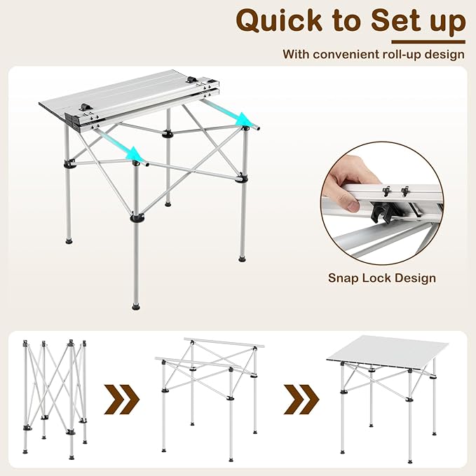Giantex Folding Roll-up Camping Table, Outdoor Lightweight Aluminium Table for 4, Portable Square Table with Carry Bag for Picnic, Hiking, BBQ, Beach, Tailgating (28"x28"x27.5",Silver)
