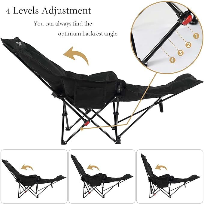 Dual Purpose Folding Camping Cot and Chair with Removable Footrest for Adults, Easy-to-Assemble Adjustable Sleeping Chair with Carry Bag for Fishing, Hiking, Travel, Home (Black)