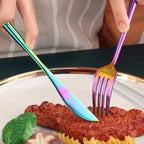 Dinner Plates Set with knife, fork，spoon,Stainless steel tableware，colourful metal dessert salad and steak plate, Services for 4,dinner camping, unbreakable & reusable (9.0inch)