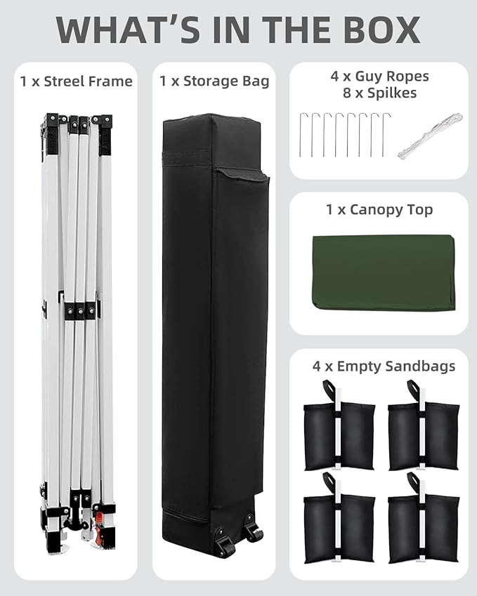 GarveeLife 10x10 Pop Up Canopy with One Button Push Setup - Heavy Duty Outdoor Canopy Tent with Portable Roller Bag - 3 Adjustable Height, 4 Weight Bags, 8 Stakes & 4 Guy Ropes Included, Green
