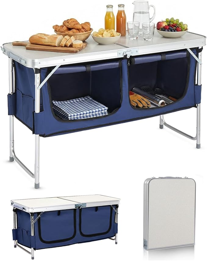 Outvita Folding Table, 4FT Aluminum Camping Table with Large Storage Space and Adjustable Height Picnic Table Lightweight for Carring Outdoor Party Events Beach