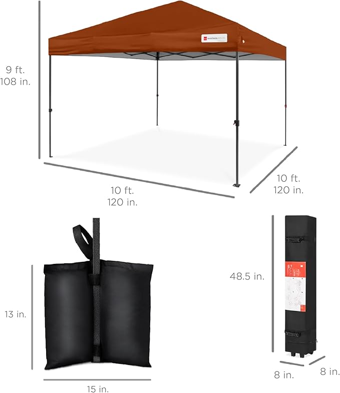 Best Choice Products 10x10ft Pop Up Canopy Tent, Outdoor Shade, 1 Person 1 Minute Set Up, Carry Case, 4 Weight Bags - Rust